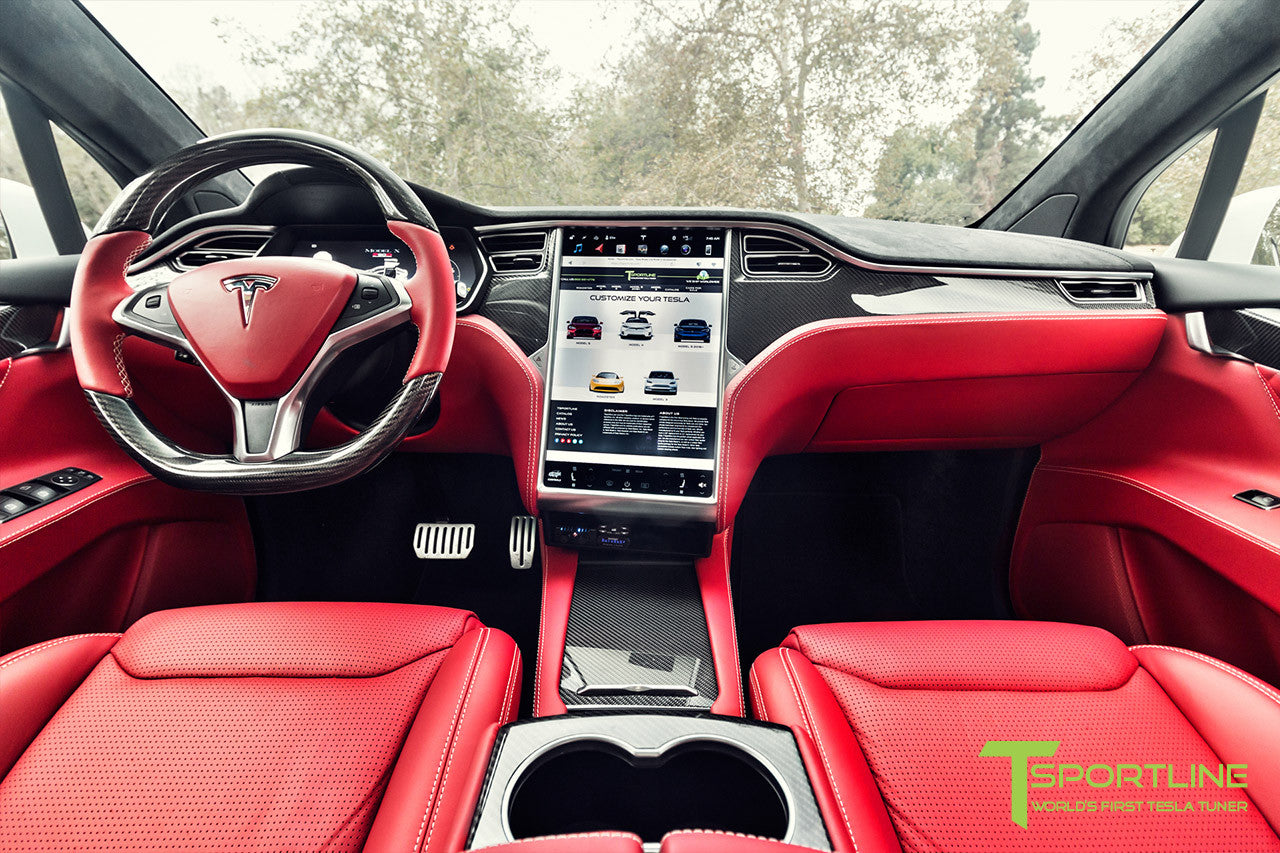 Project TSX7 - Tesla Model X P100D - Custom Bentley Red - Carbon Fiber Dash Kit - Dashboard - Steering Wheel