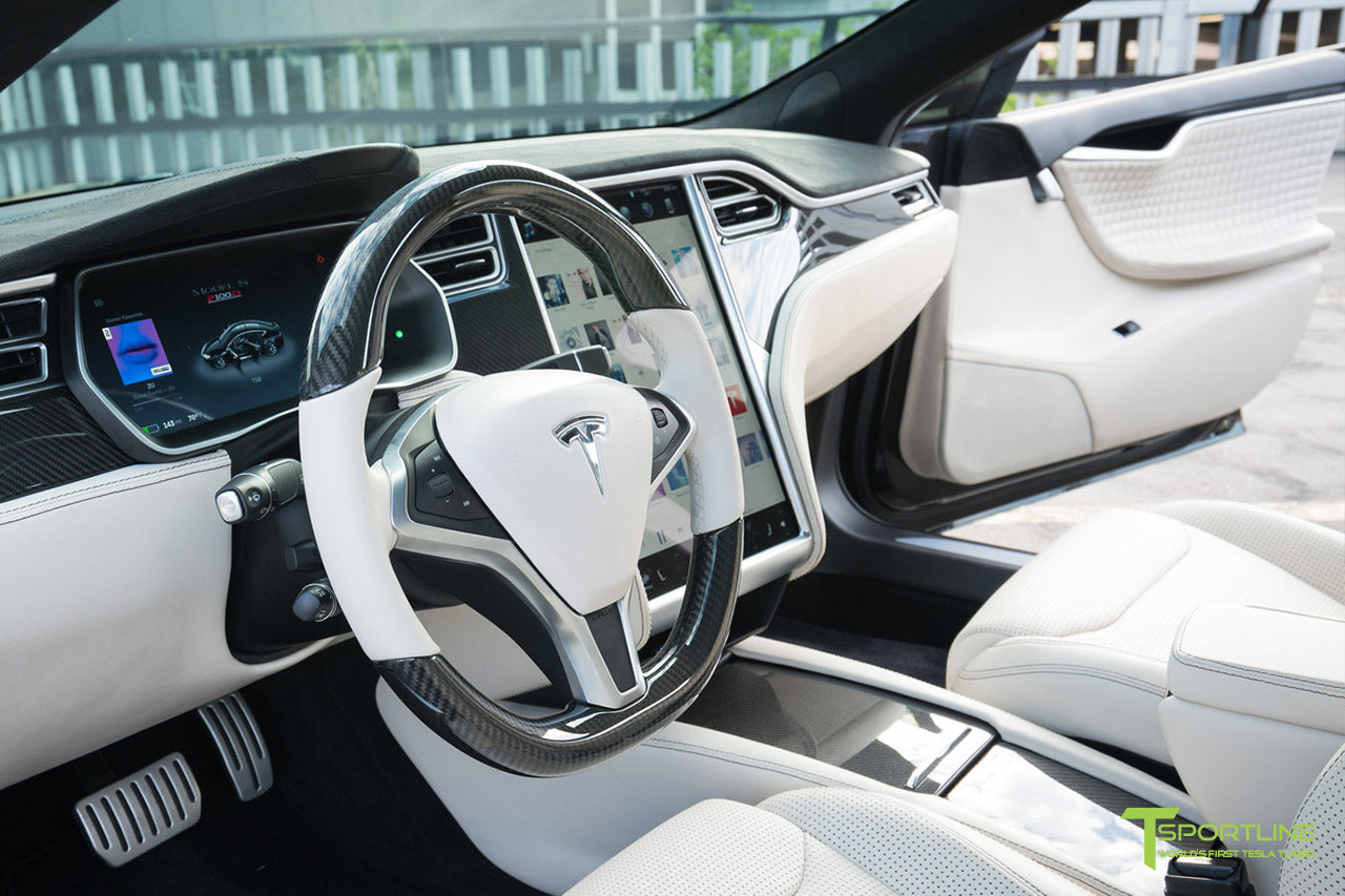 Tesla Model S with Gloss Carbon Fiber Steering Wheel in Bentley Linen Custom Interior by T Sportline 1