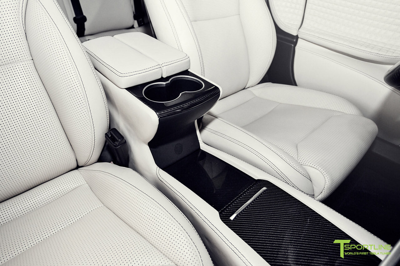 Tesla Model S 2.0 with Gloss Carbon Fiber Dash Kit in Bentley Linen Interior by T Sportline