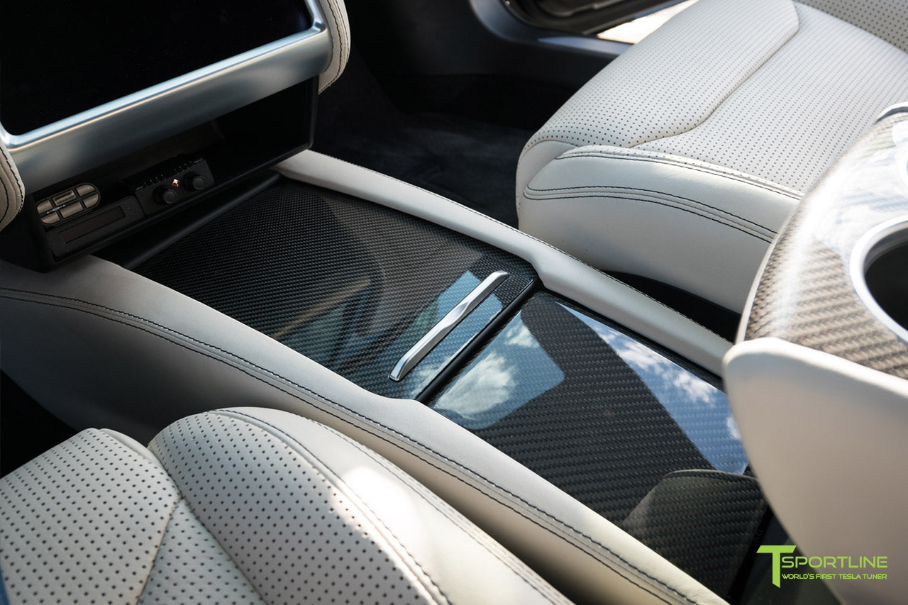 Tesla Model S with Gloss Carbon Fiber Center Console in Bentley Linen Custom Interior by T Sportline