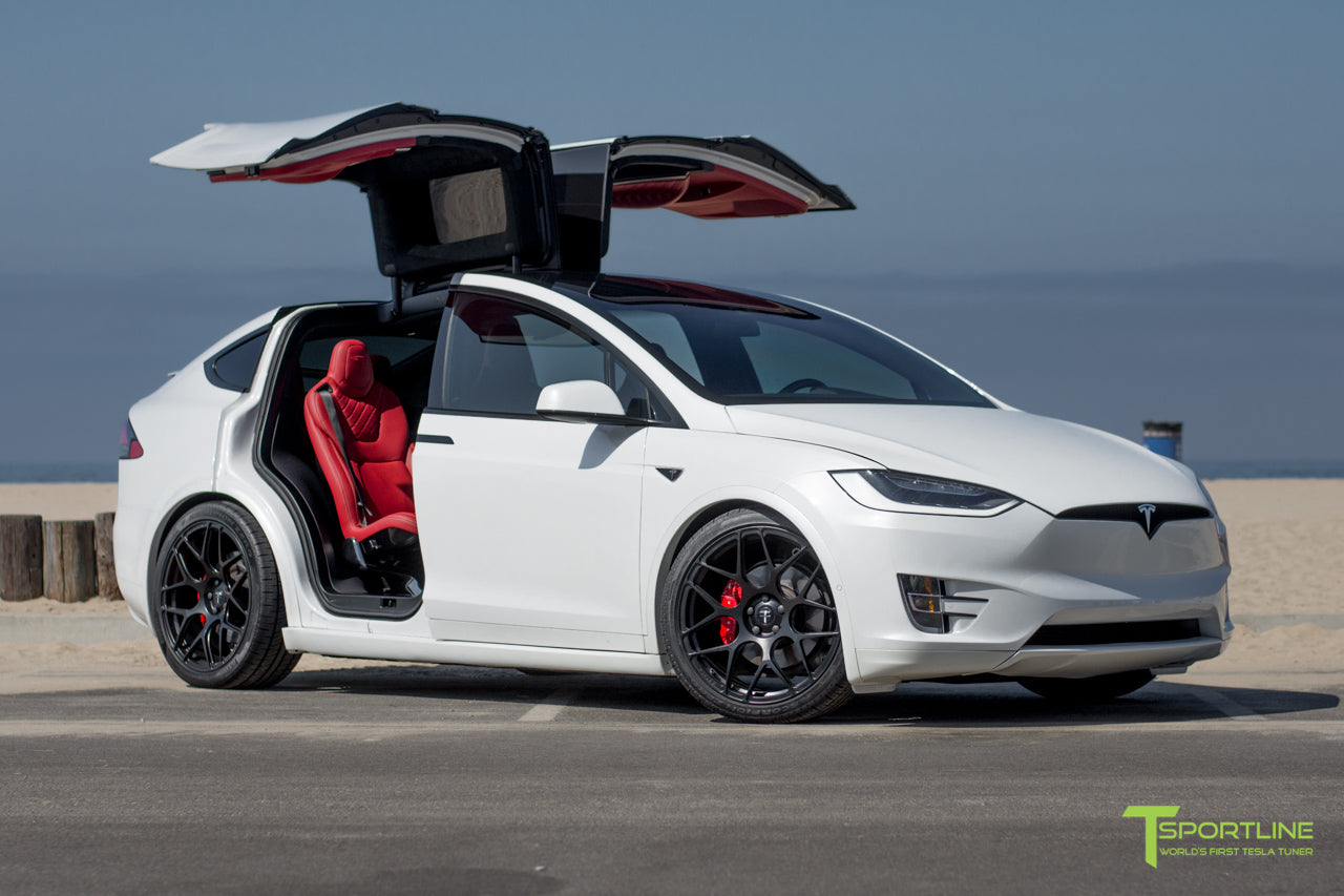 Pearl White Tesla Model X with Matte Black 22 inch MX118 Forged Wheels by T Sportline
