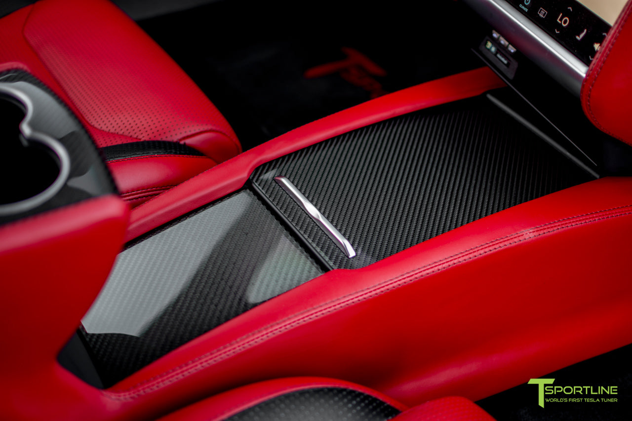 Model S with Custom Interior Bentley Red Gloss Tesla Carbon Fiber Center Console Flip Door and Sliding Tray Panel Set by T Sportline