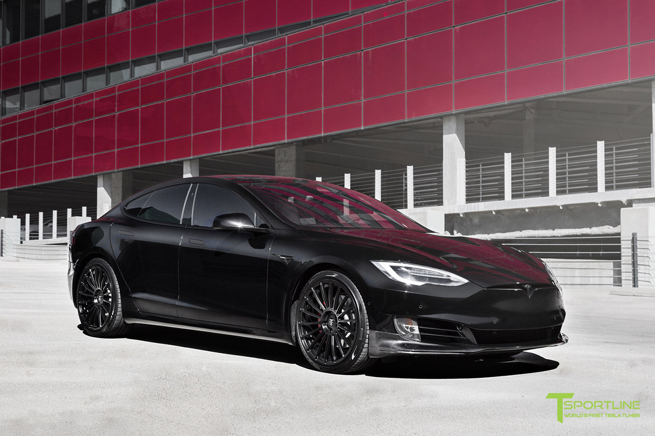 Black Tesla Model S 2.0 with Carbon Fiber Facelift Front Lip Apron by T Sportline
