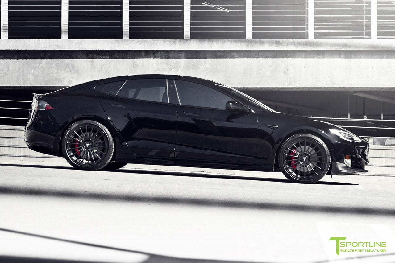 Black Model S with Matte Black TS118 21 inch Forged Tesla Wheels in Matte Black by T Sportline