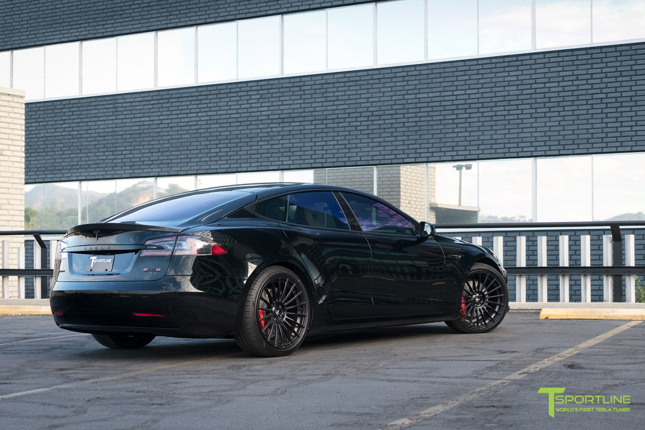 Black Tesla Model S with Gloss Carbon Fiber Rear Trunk Wing Spoiler by T Sportline