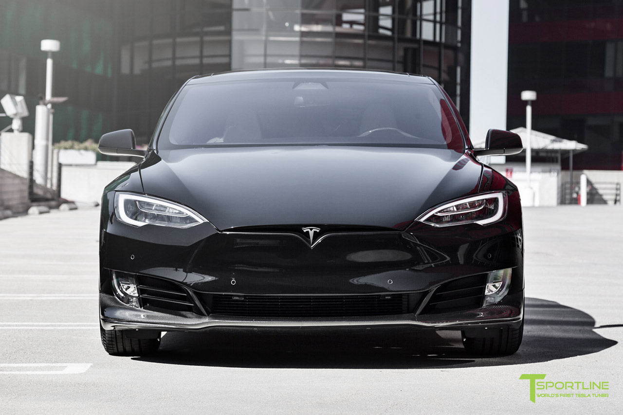 Black Tesla Model S 2.0 with Carbon Fiber Facelift Front Lip Apron by T Sportline
