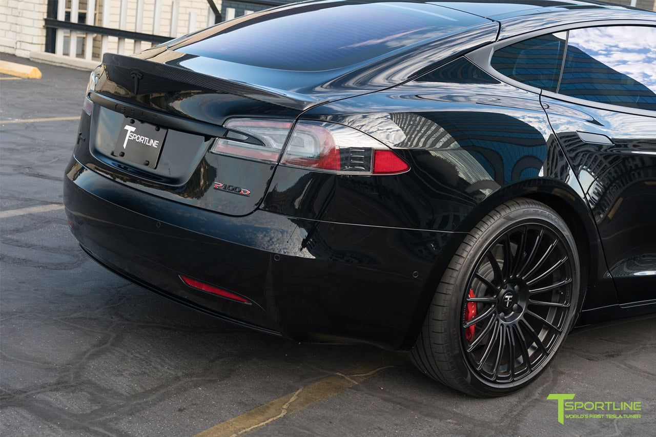 Black Tesla Model S with Gloss Carbon Fiber Rear Trunk Wing Spoiler by T Sportline