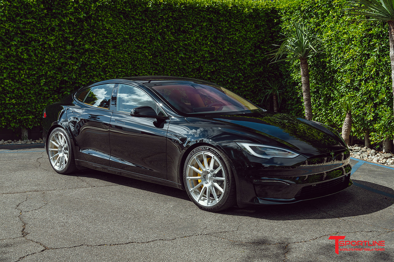 Black Tesla Model S Plaid with 21" TS112 Forged Wheels and Ferrari Tan Interior