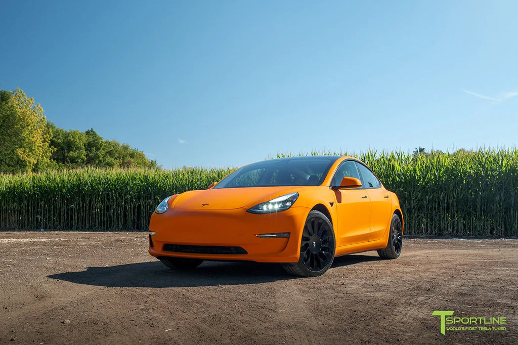3M Matte Orange Tesla Model 3 with 19" TSV Wheels