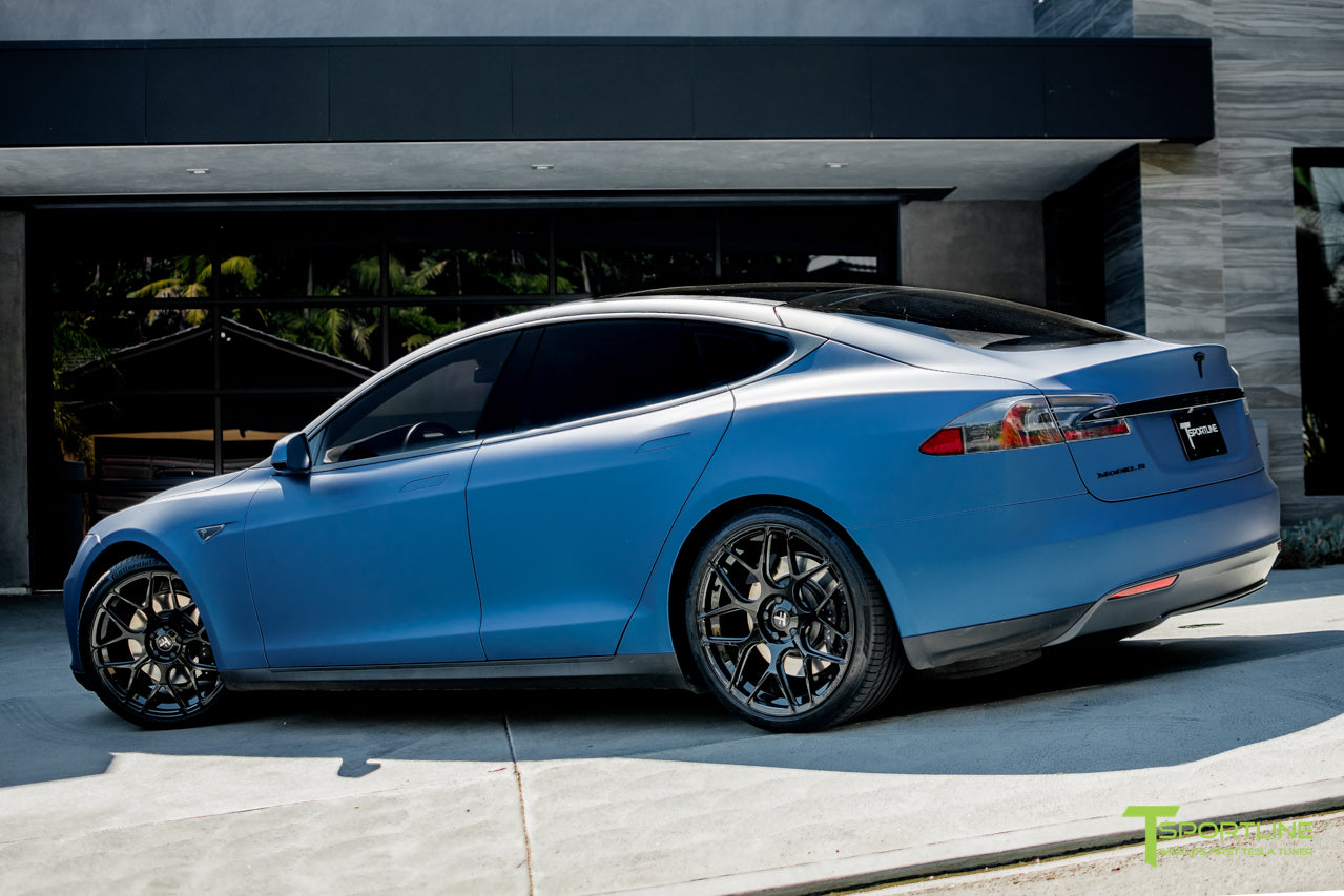 Matte Blue Metallic Model S 1.0 with TS117 Gloss Black Forged Tesla Wheels 1