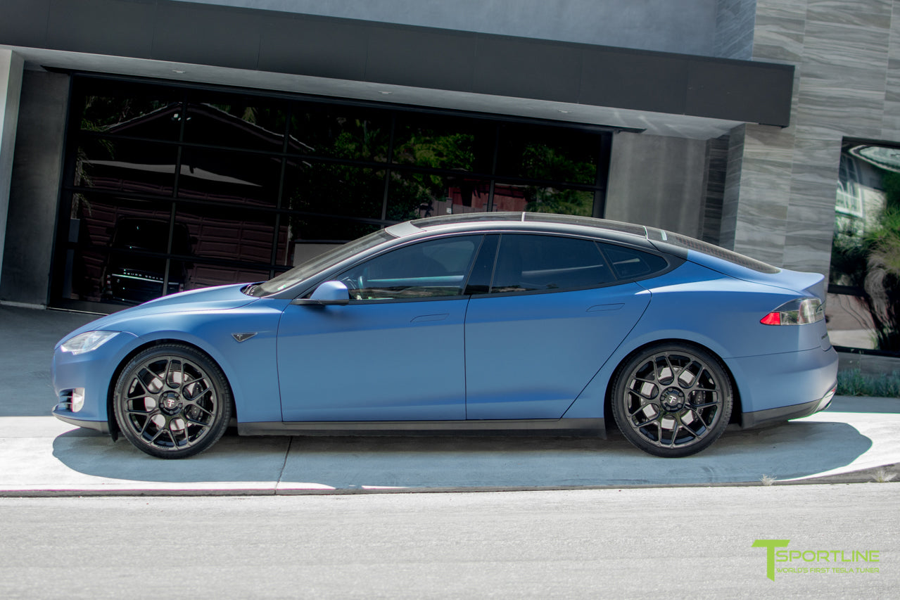 Matte Blue Metallic Model S 1.0 with TS117 Gloss Black Forged Tesla Wheels by T Sportline