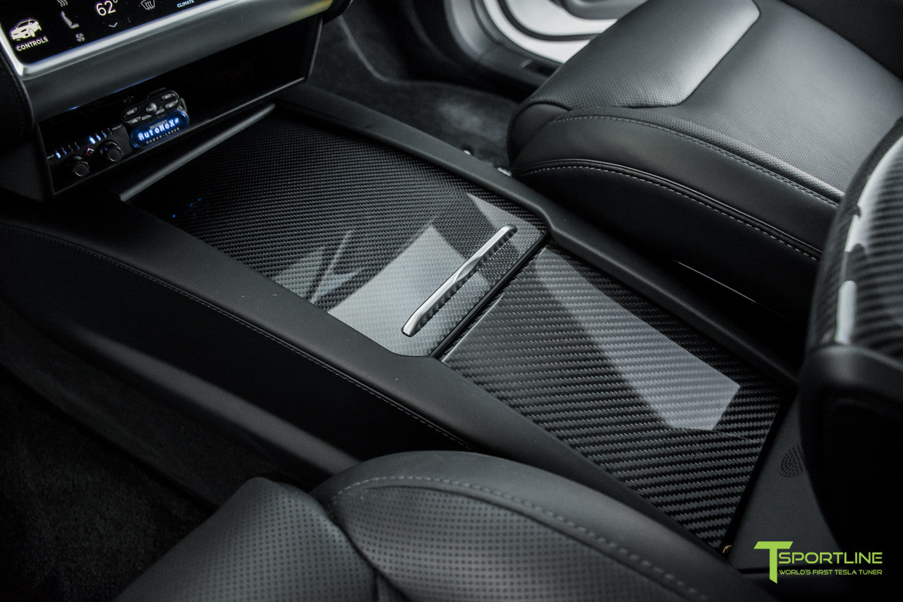 Model X with Gloss Tesla Carbon Fiber Center Console Flip Door and Sliding Tray Panel Set in Black Interior by T Sportline