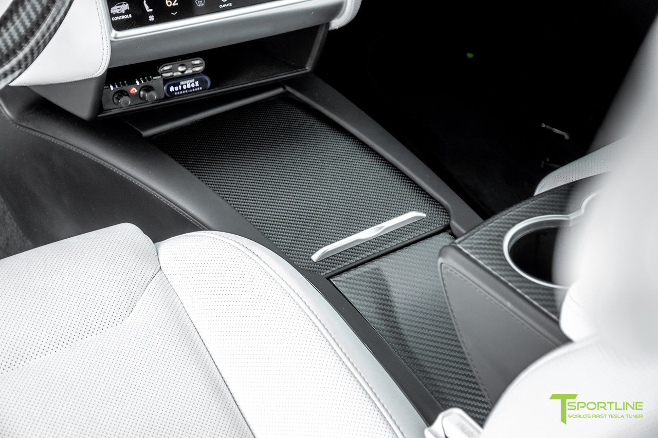 Project TSX8 - Tesla Model X P100D - White Interior - Carbon Fiber Dash Kit - Dashboard - Steering Wheel - Center Console Flip Door and Sliding Tray by T Sportline