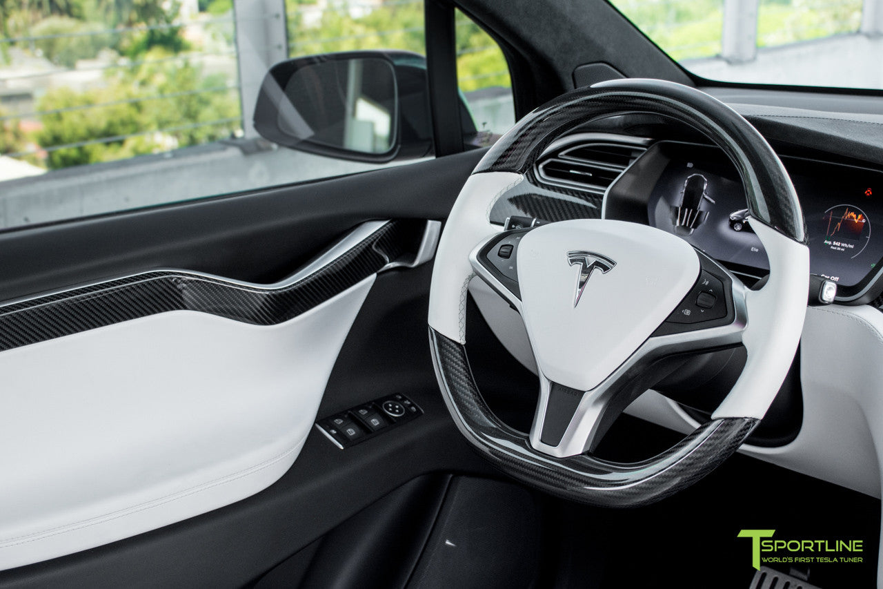 Project TSX8 - Tesla Model X P100D - White Interior - Carbon Fiber Dash Kit - Dashboard - Steering Wheel by T Sportline