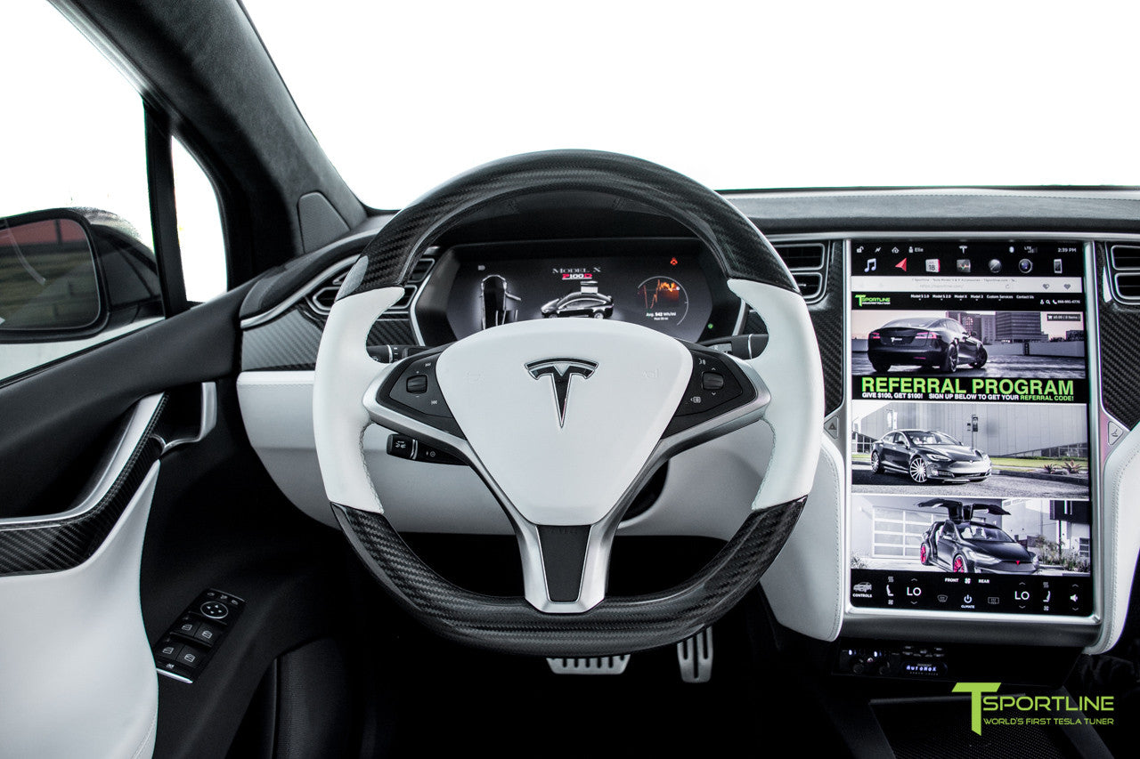 Project TSX8 - Tesla Model X P100D - White Interior - Carbon Fiber Dash Kit - Dashboard - Steering Wheel by T Sportline