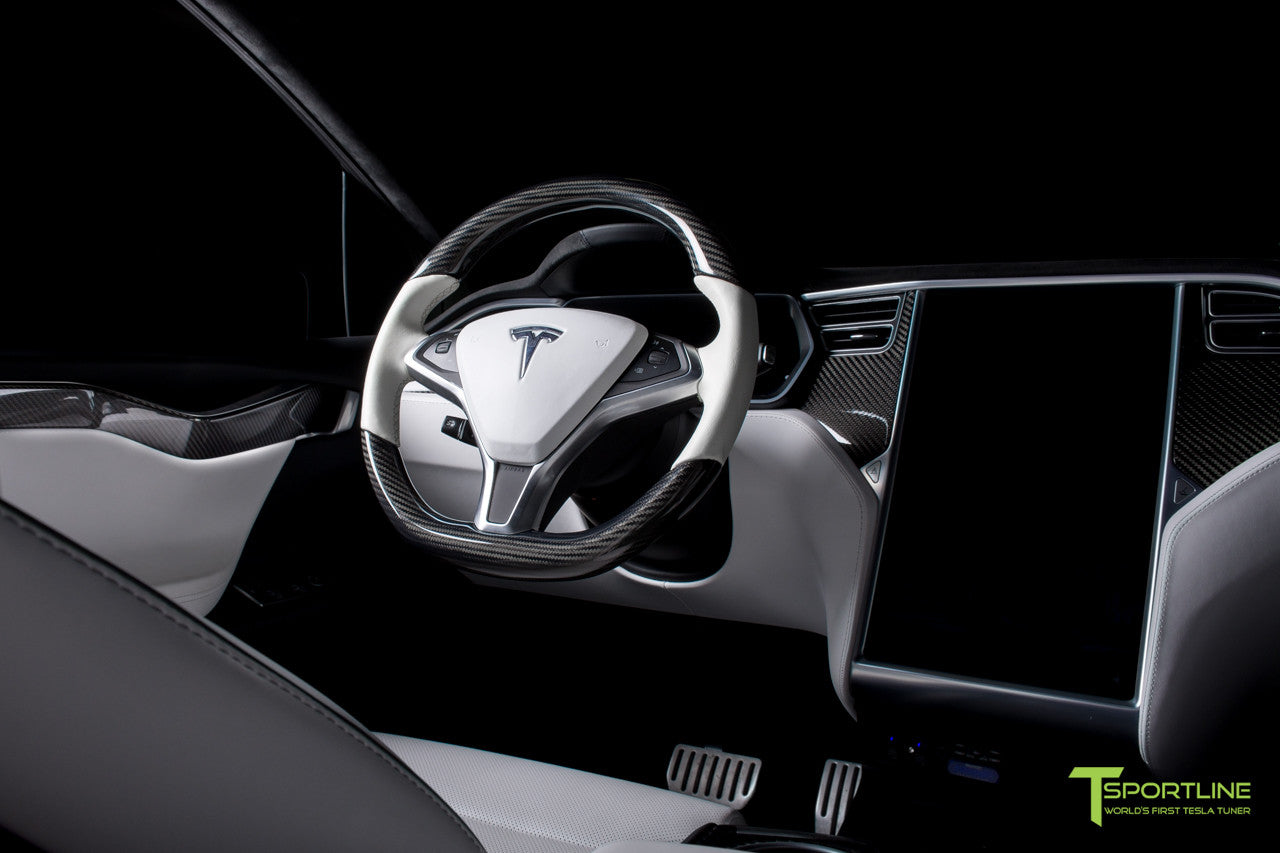 Project TSX8 - Tesla Model X P100D - White Interior - Carbon Fiber Dash Kit - Dashboard - Steering Wheel by T Sportline