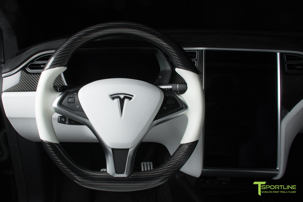 Project TSX8 - Tesla Model X P100D - White Interior - Carbon Fiber Dash Kit - Dashboard - Steering Wheel by T Sportline