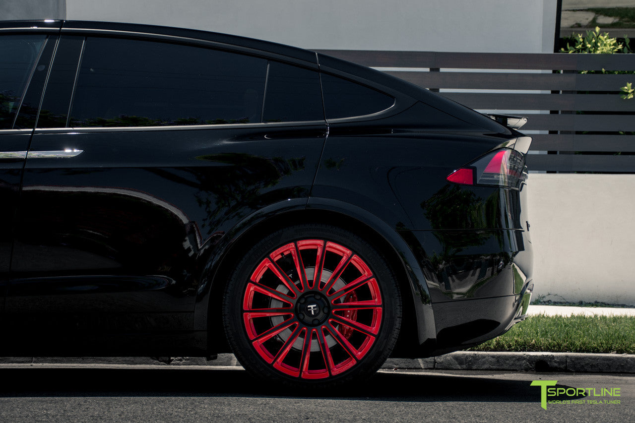 Black Tesla Model X with Imperial Red 22 inch MX114 Forged Wheels by T Sportline