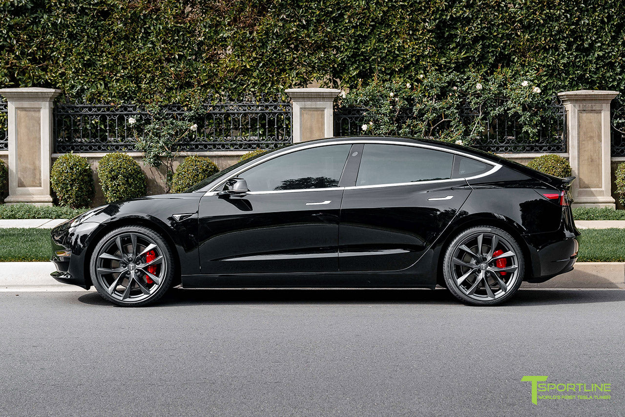 Black Tesla Model 3 Performance with Performance Package and Matte Carbon Fiber Trunk Wing Spoiler by T Sportline