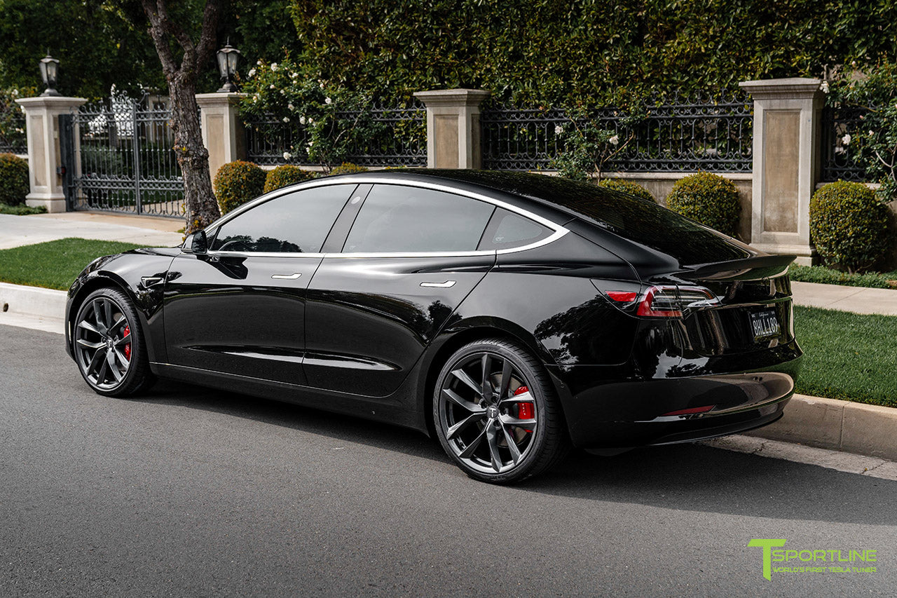 Black Tesla Model 3 Performance with Performance Package and Matte Carbon Fiber Trunk Wing Spoiler by T Sportline
