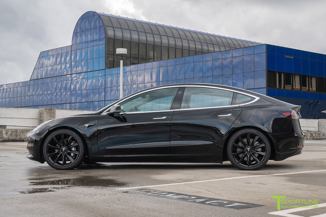 Black Dual Motor Tesla Model 3 with Lowering Springs and Gloss Black 19 Inch TST Turbine Style Wheels by T Sportline