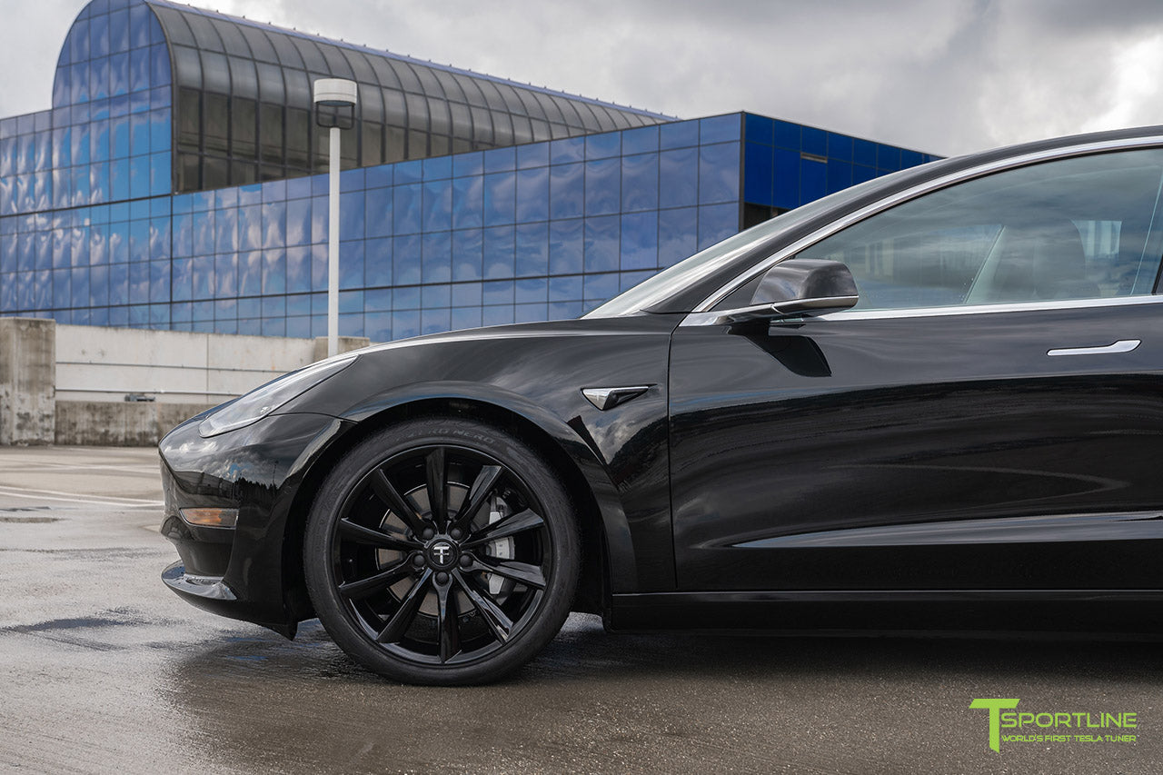 Black Dual Motor Tesla Model 3 with Lowering Springs and Gloss Black 19 Inch TST Turbine Style Wheels by T Sportline