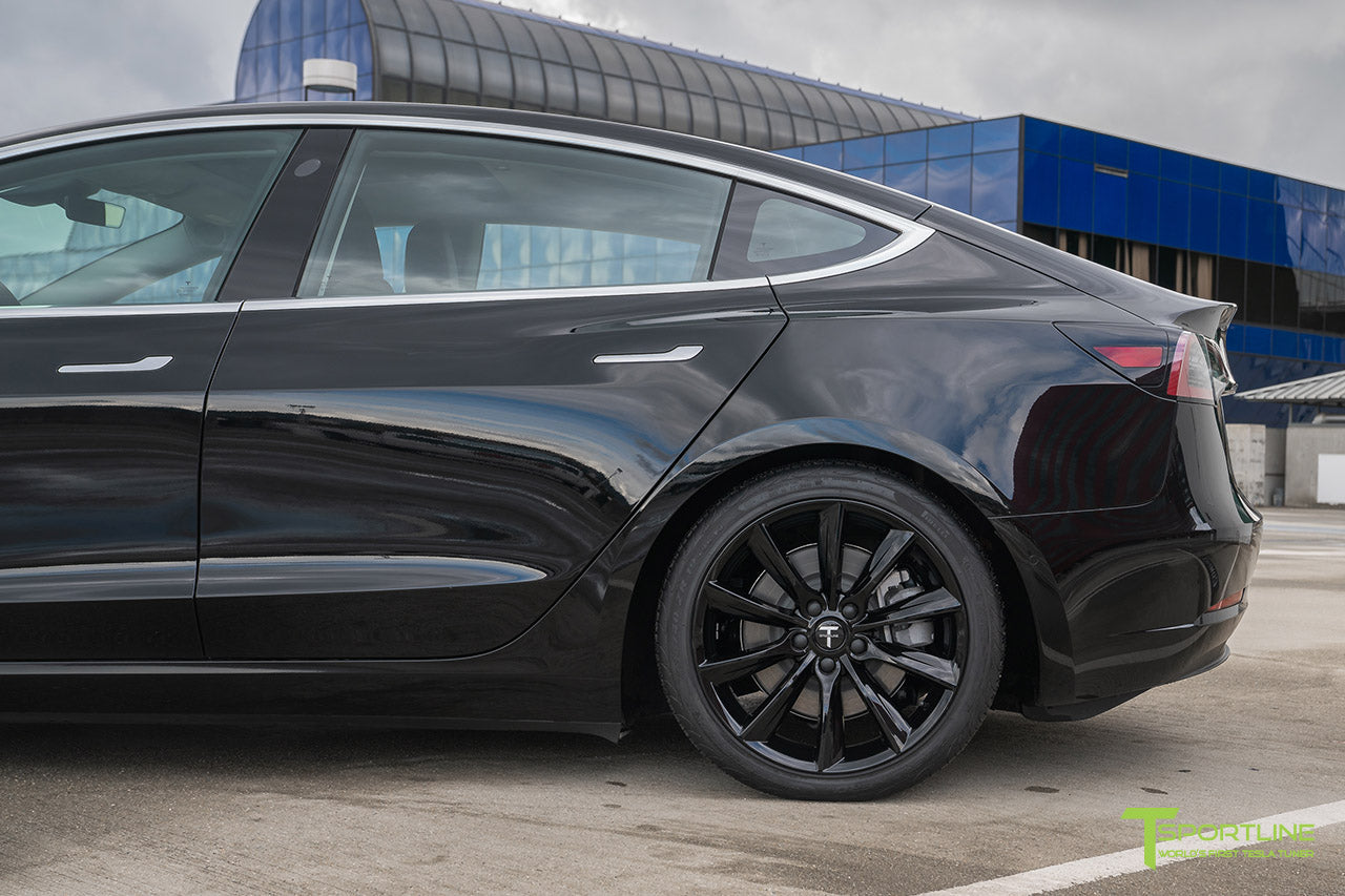 Black Dual Motor Tesla Model 3 with Lowering Springs and Gloss Black 19 Inch TST Turbine Style Wheels by T Sportline