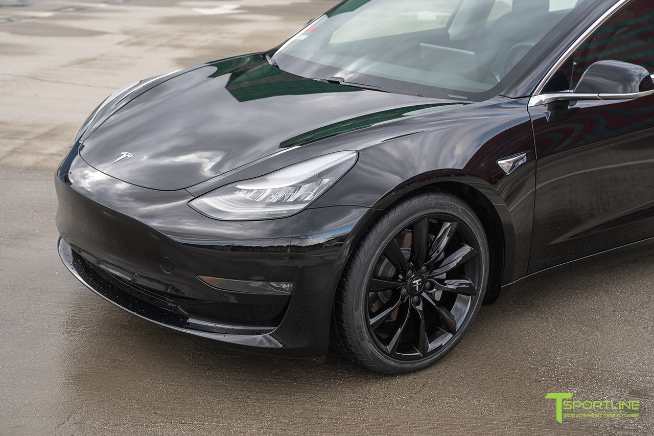 Black Dual Motor Tesla Model 3 with Lowering Springs and Gloss Black 19 Inch TST Turbine Style Wheels by T Sportline