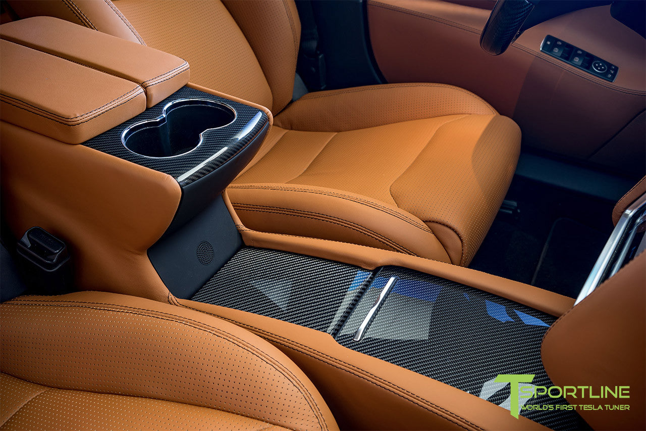 Model S with Gloss Tesla Carbon Fiber Center Console Flip Door and Sliding Tray Panel Set