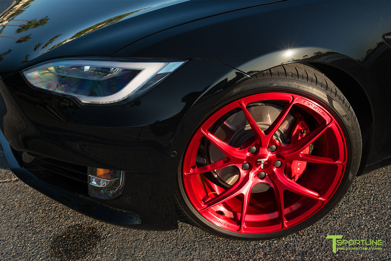 Black Tesla Model S 2.0 with 21" TS115 Forged Wheel in Velocity Red by T Sportline