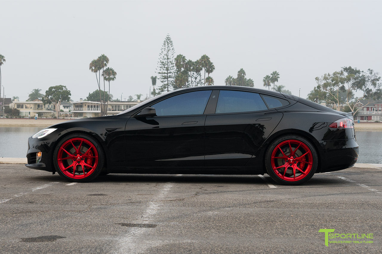 Black Tesla Model S 2.0 with 21" TS115 Forged Wheel in Velocity Red by T Sportline