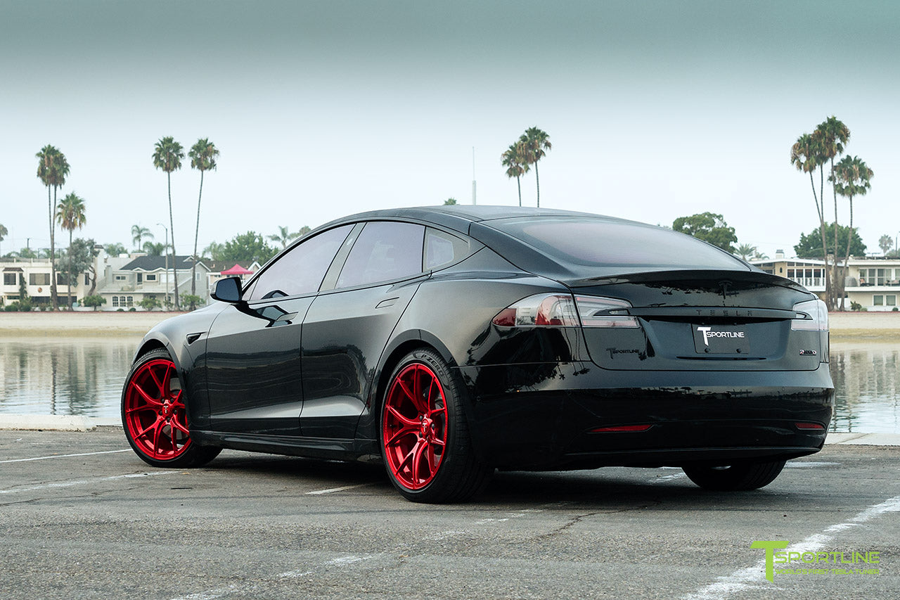 Black Tesla Model S 2.0 with 21" TS115 Forged Wheel in Velocity Red by T Sportline