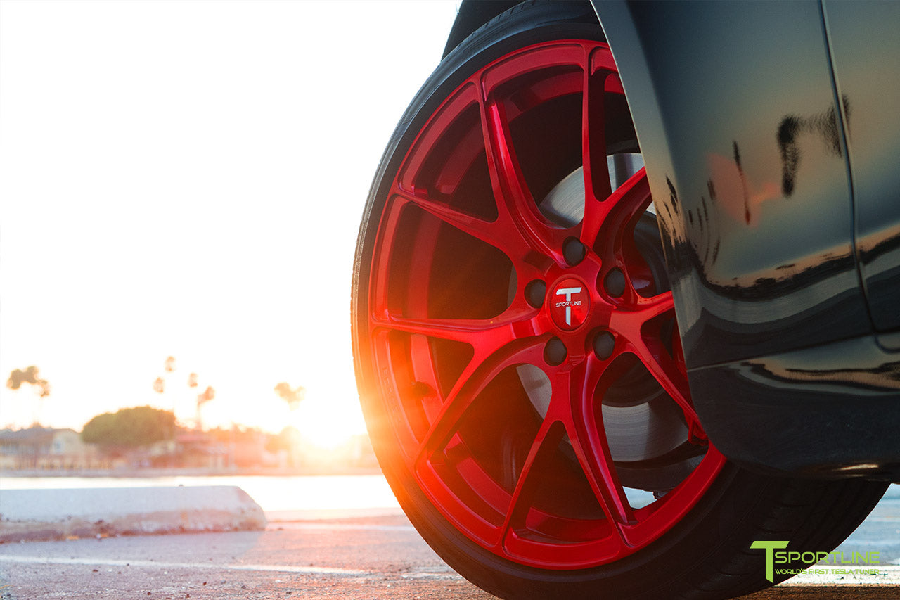 Black Tesla Model S 2.0 with 21" TS115 Forged Wheel in Velocity Red by T Sportline
