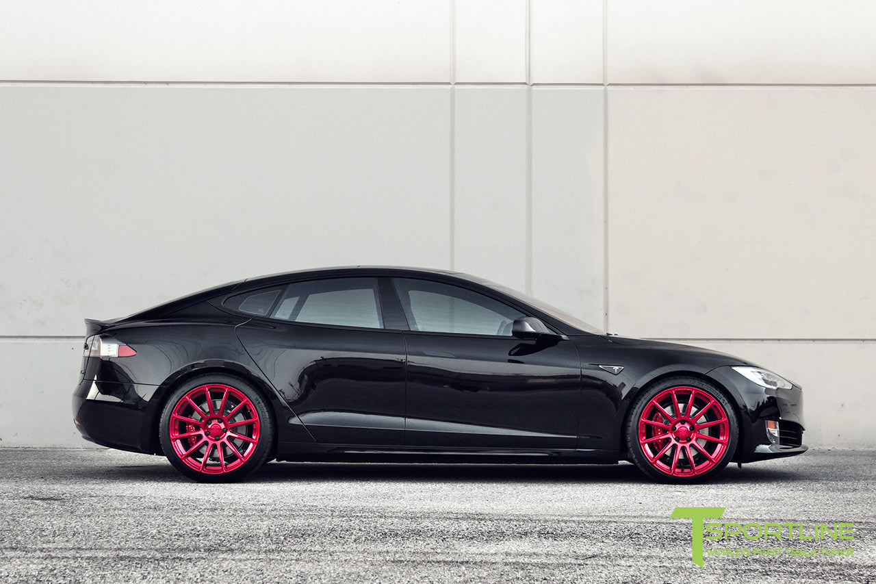 Black Tesla Model S 2.0 with Velocity Red 21 inch TS112 Forged Wheels