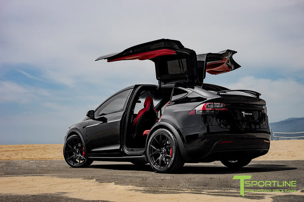 Black Tesla Model X with Matte Black 22 inch MX115 Forged Wheels 5 T Sportline Tesla Model S 3 X Y Accessories