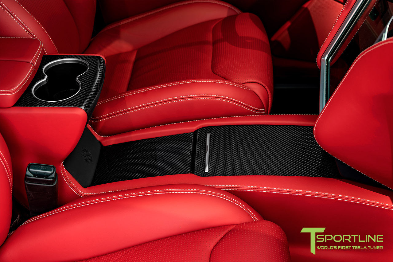 Model X with Gloss Tesla Carbon Fiber Center Console Flip Door and Sliding Tray Panel Set