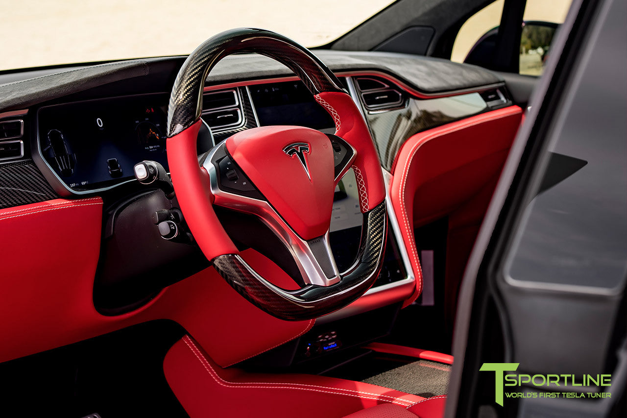Project TSX8 - Tesla Model X P100D - Custom Bentley Red - Carbon Fiber Dash Kit - Dashboard - Steering Wheel