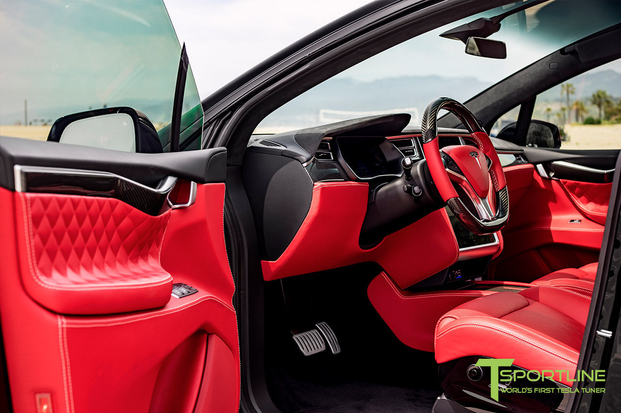 Project TSX8 - Tesla Model X P100D - Custom Bentley Red - Carbon Fiber Dash Kit - Dashboard - Steering Wheel