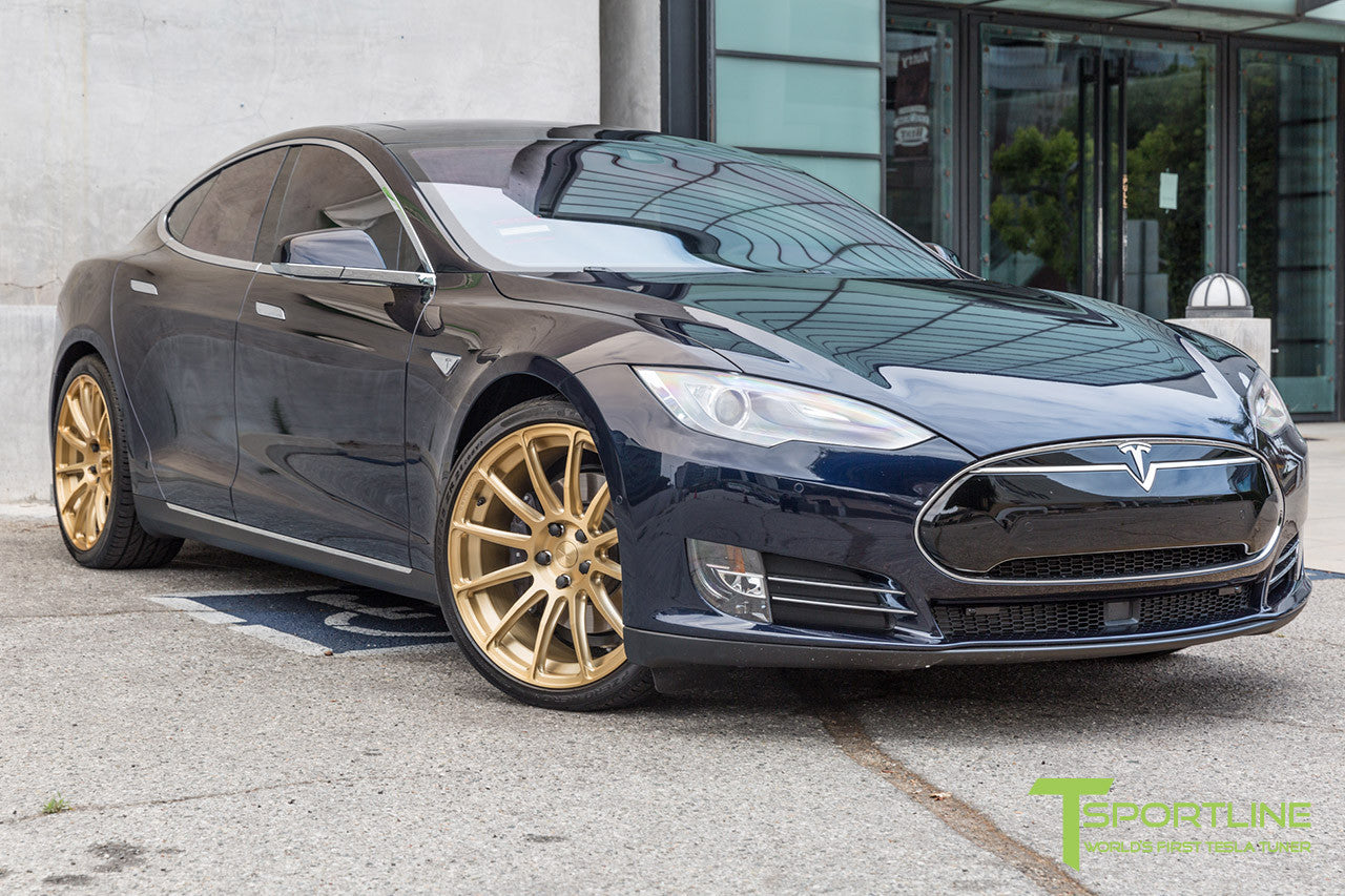 Blue Tesla Model S 1.0 with Ghost Gold 21 inch TS112 Forged Wheels