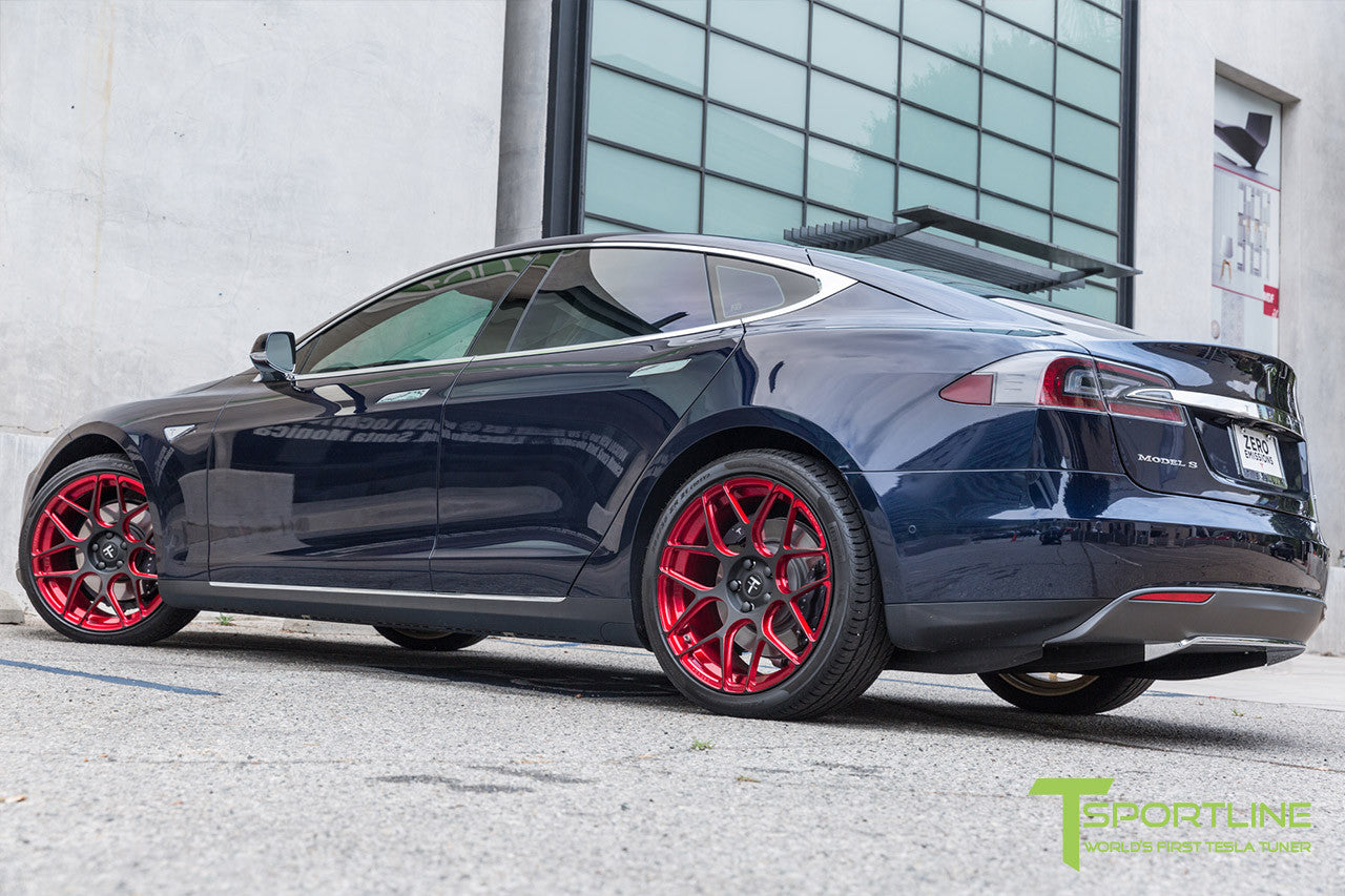 Blue Tesla Model S 1.0 with Imperial Red 21 inch TS117 Forged Wheels