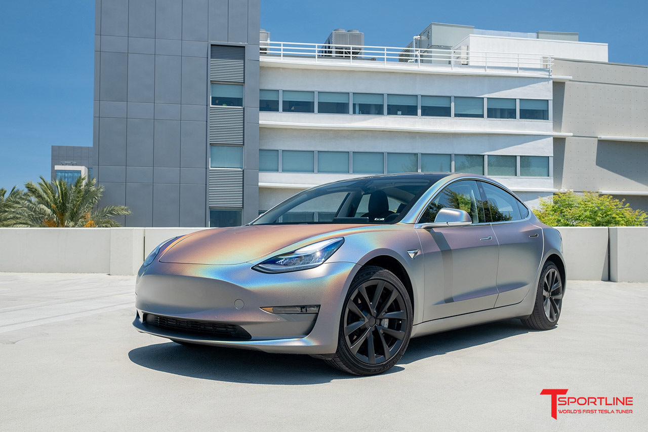 3M Satin Psychedelic Flip Tesla Model 3 with T315 Aero Wheel Covers