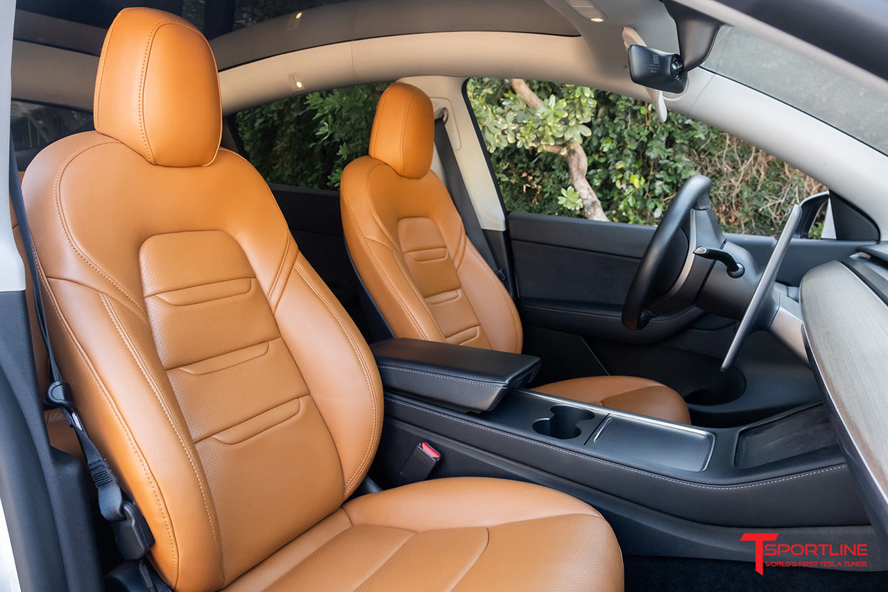 Tesla Model Y Peanut Butter Perforated Insignia Seat Upgrade