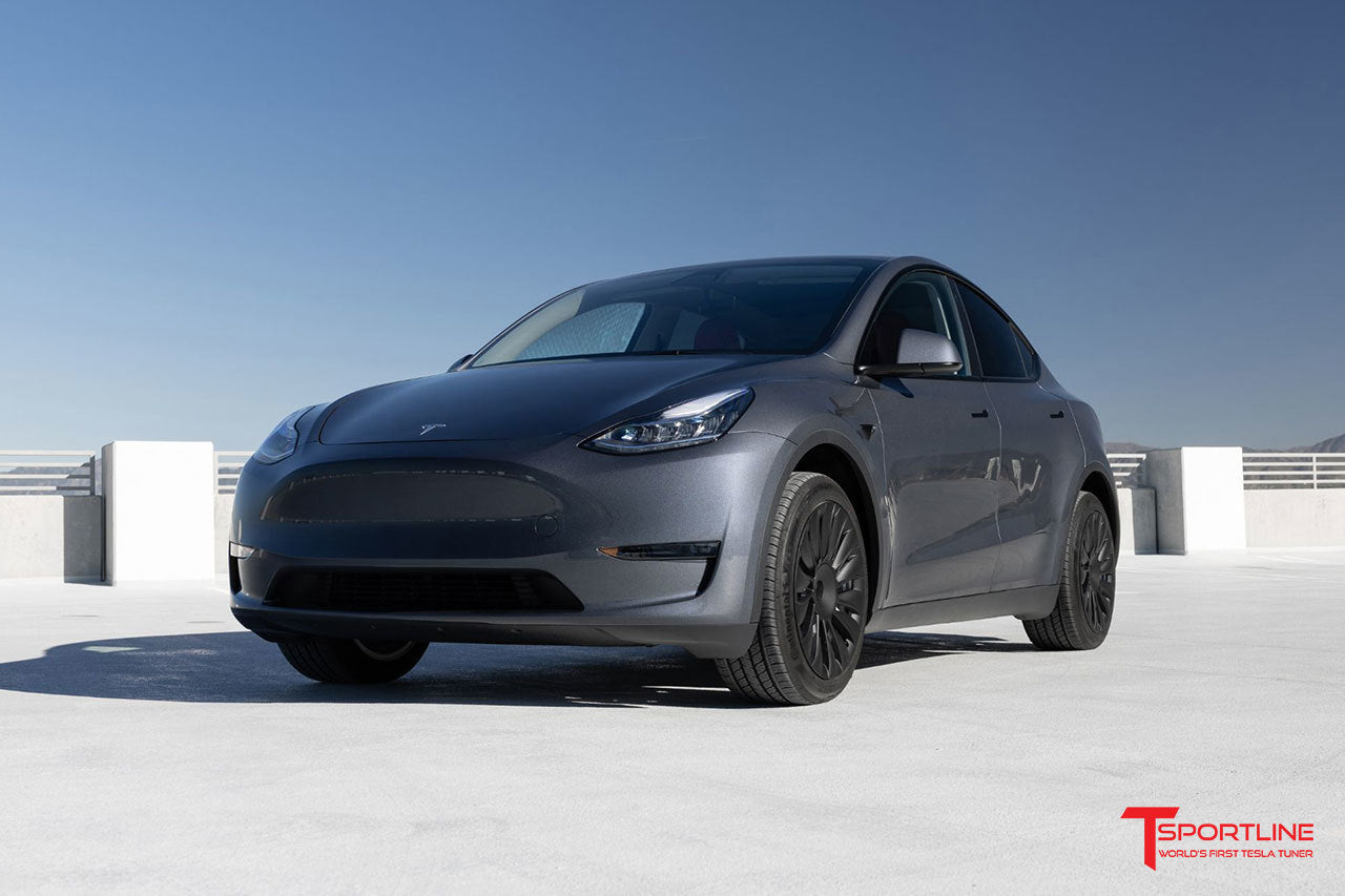 Midnight Silver Metallic Tesla Model Y with Aero Covers & Red Interior