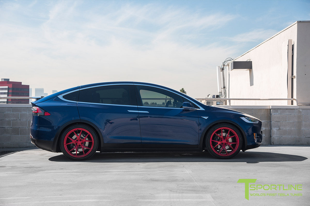 Deep Blue Metallic Tesla Model X with Velocity Red 22 inch MX115 Forged Wheels