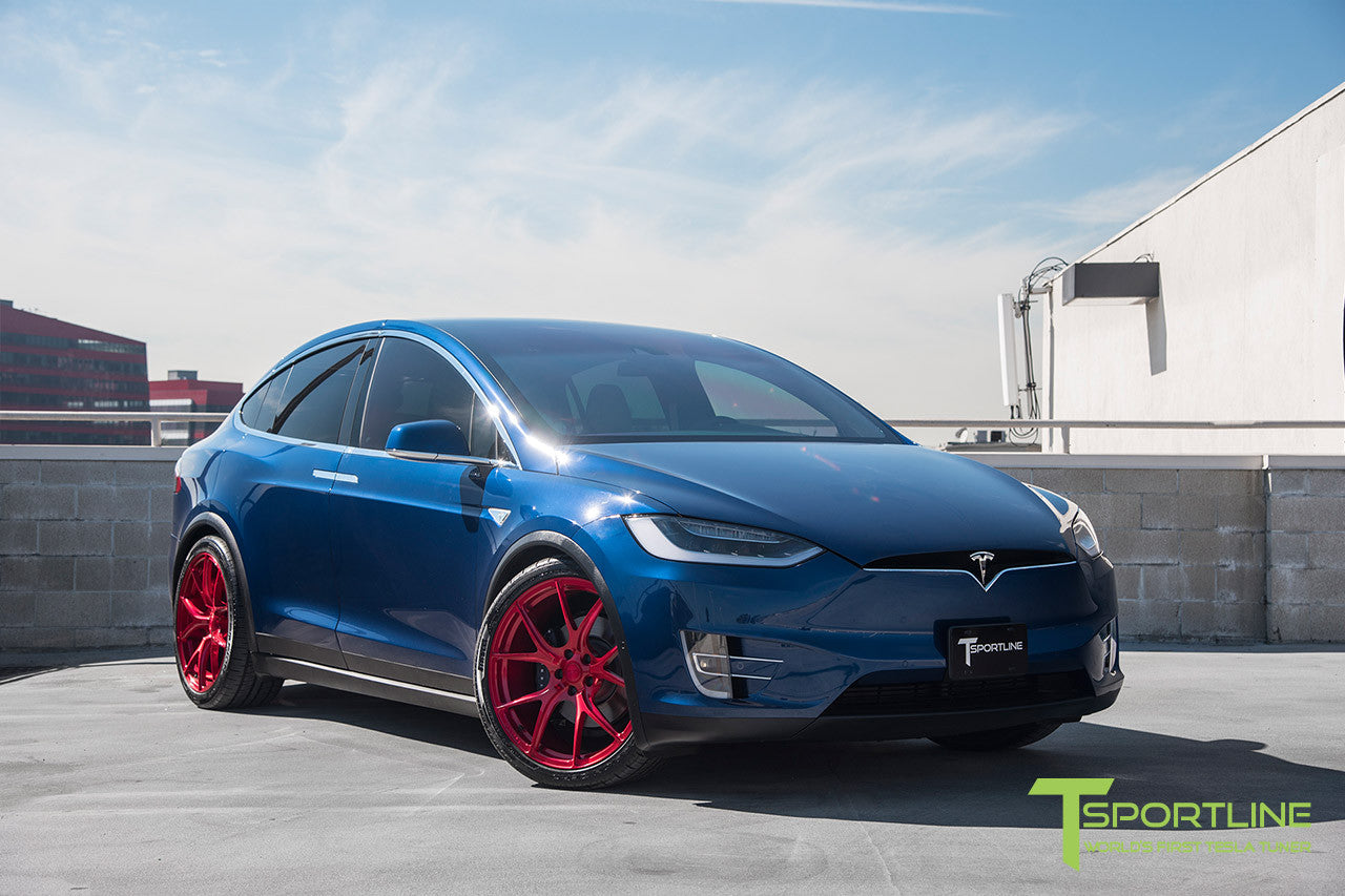 Deep Blue Metallic Tesla Model X with Velocity Red 22 inch MX115 Forged Wheels