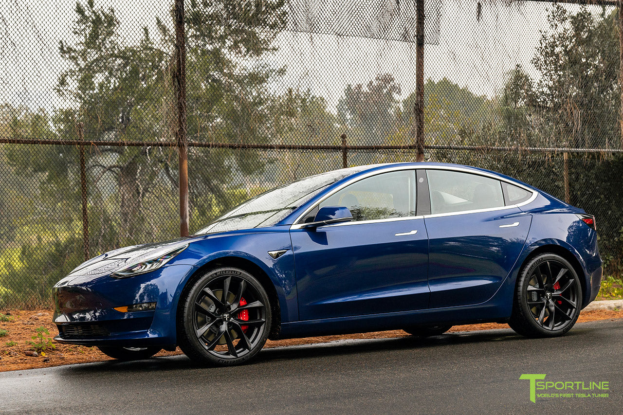 Deep Blue Metallic Tesla Model 3 with Matte Black 20" TSS Flow Forged Wheels by T Sportline
