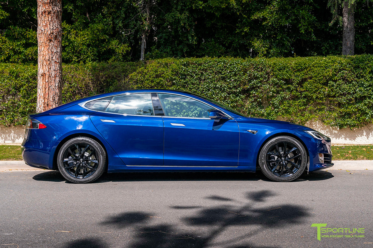 Deep Blue Metallic Tesla Model S with 19" TSS Flow Forged Wheels in Gloss Black by T Sportline