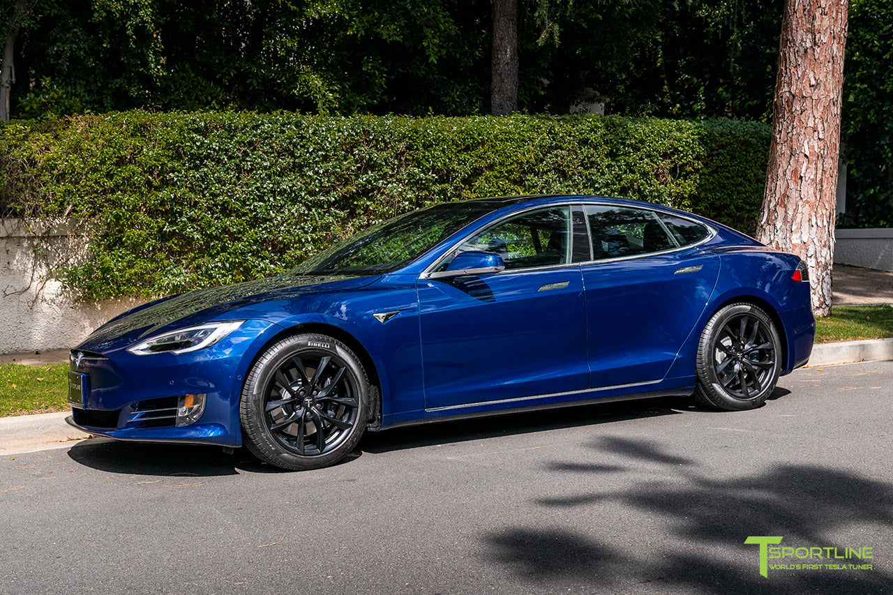Deep Blue Metallic Tesla Model S with 19" TSS Flow Forged Wheels in Matte Black by T Sportline