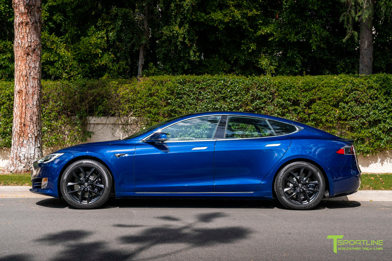 Deep Blue Metallic Tesla Model S with 19" TSS Flow Forged Wheels in Matte Black by T Sportline