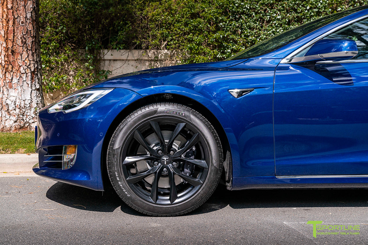 Deep Blue Metallic Tesla Model S with 19" TSS Flow Forged Wheels in Matte Black by T Sportline